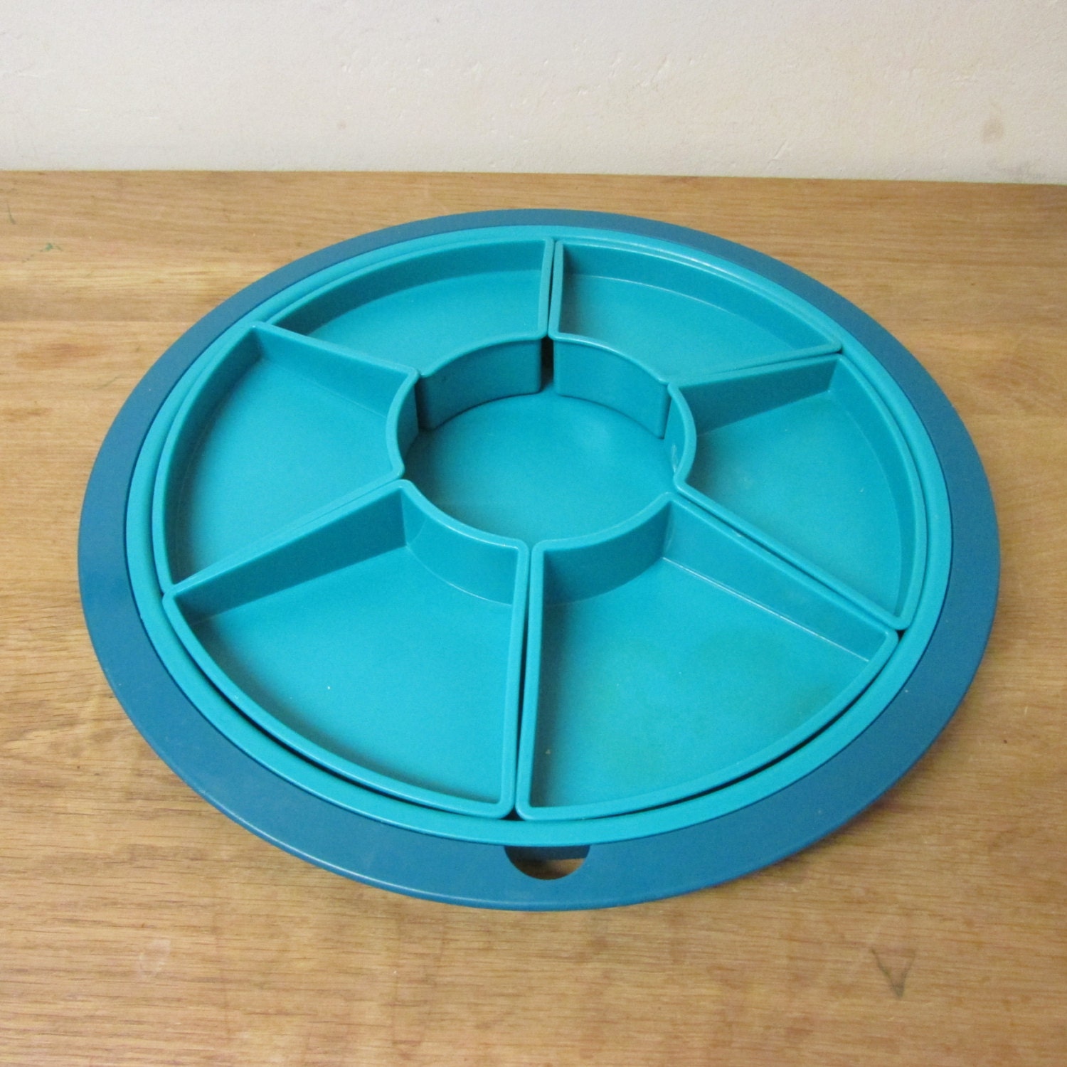 Vintage plastic round divided serving platter with removable inserts
