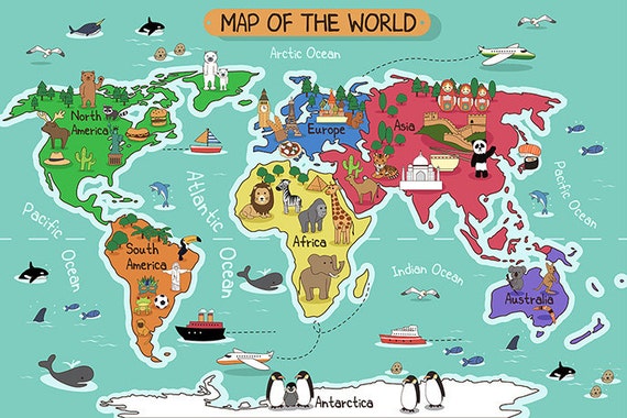 Children's World Map Wallpaper Removable Wall Mural Animal