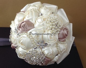 Champagne Wedding Bouquet with Beads Rhinestones Crystal Satin Ribbon Pearls Bridal Bouquet Bridesmaids Bouquet Wedding Flowers