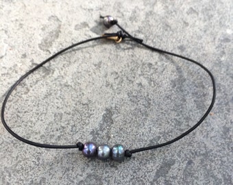 Leather and Tahitian pearl necklace, three pearl necklace, black pearl and leather necklace, leather and pearl necklace