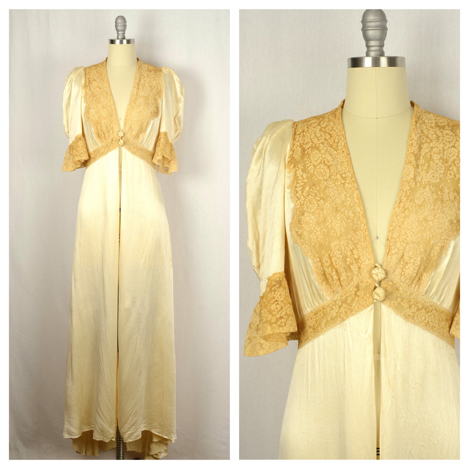 Vintage 1930s Robe / 30s Champagne Hollywood Satin and Lace