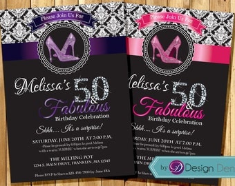 Women 50th Birthday Invitation. Damask Pattern, Glitter High Heels Invitation. 30th 40th 60th . ANY AGE. #A1045