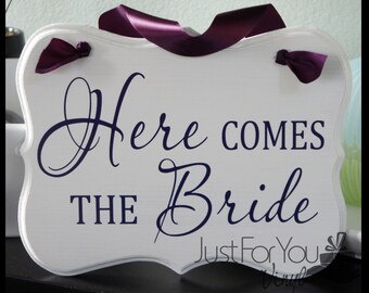 Here Comes The Bride Sign With Matching Ribbon - Perfect To Announce The Arrival Of The Bride And Customized For You