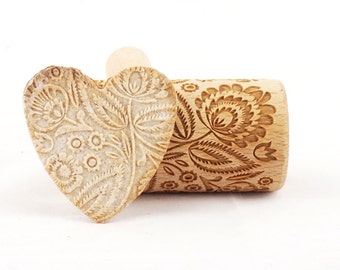 Folk floral - Mini rolling pin for cookies, embossing roller