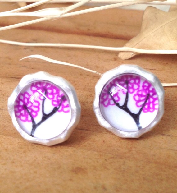 Items similar to Pink tree stud earrings, Glass dome earrings, glass