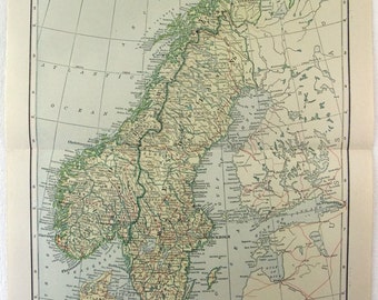 Vintage Original 1914 Map of Norway & Sweden