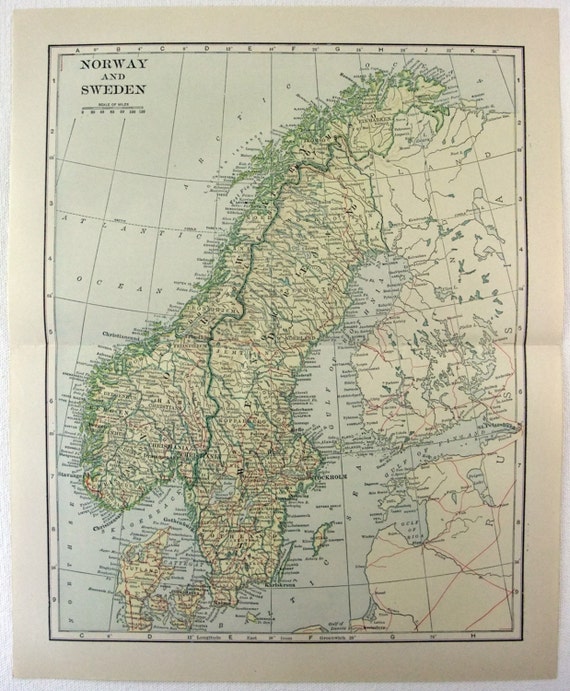 Vintage Original 1914 Map of Norway & Sweden