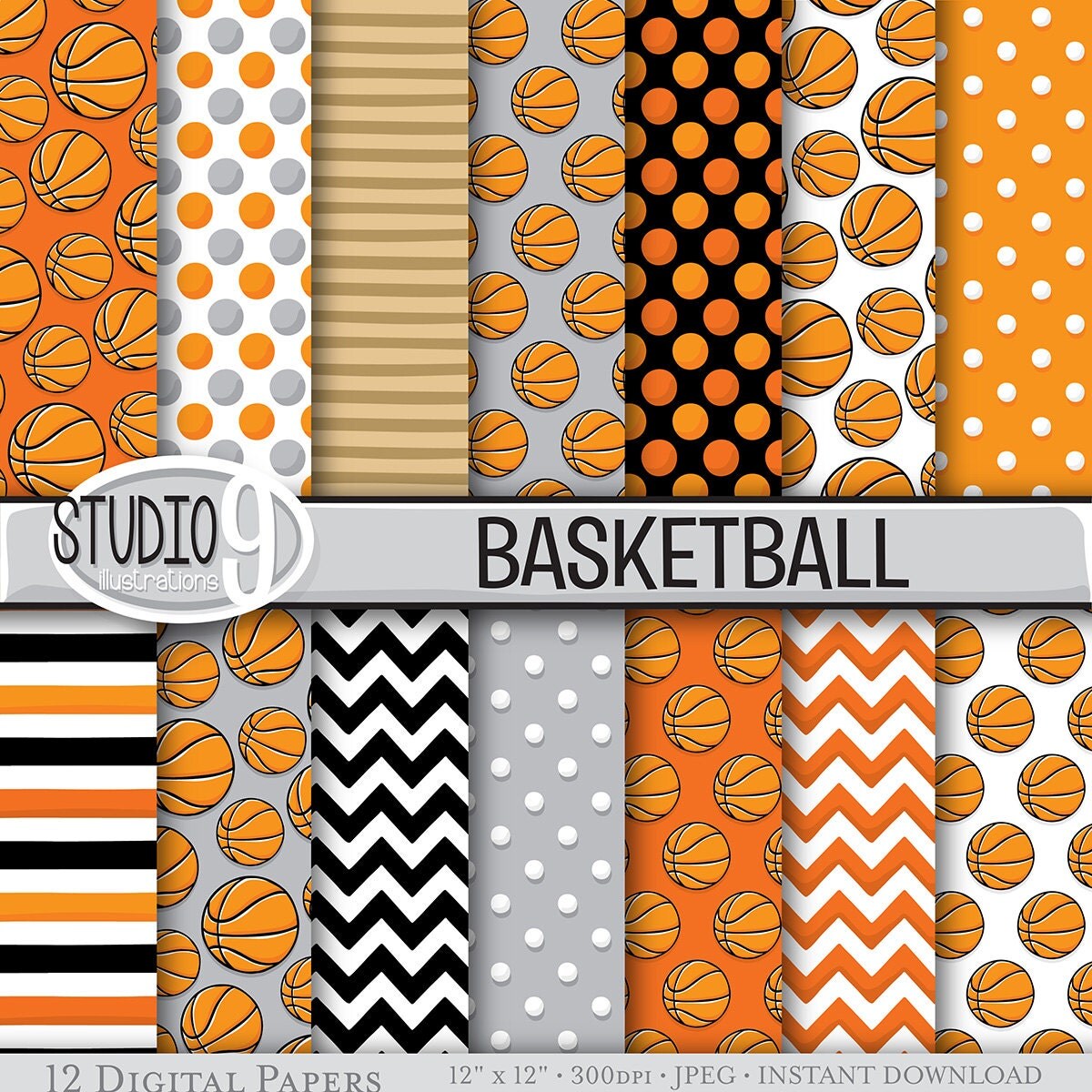 BASKETBALL Digital Paper Basketball Printable Pattern Print
