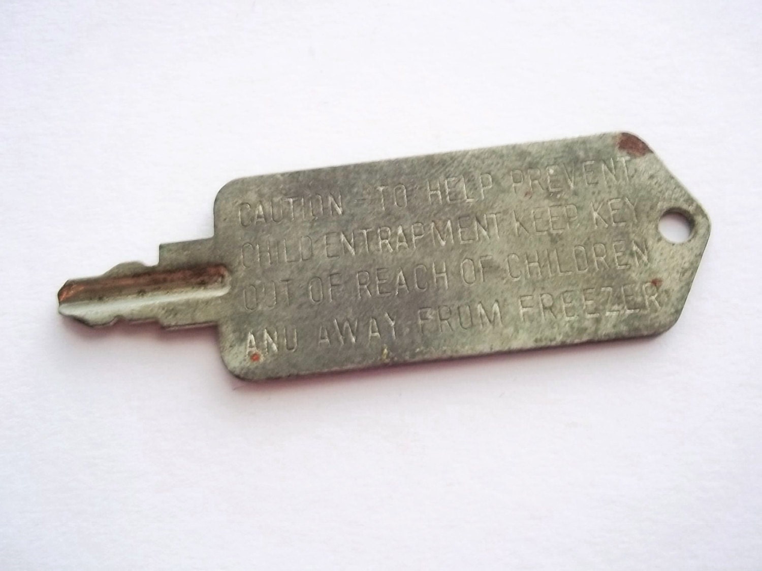 Vintage Key Antique Freezer Key Warning Inscribed to PREVENT