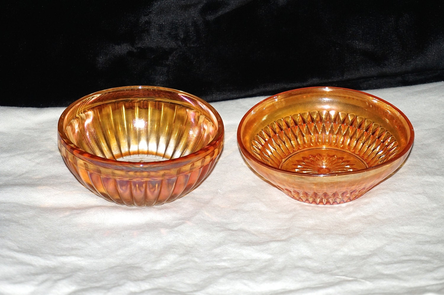 2 Vtg Marigold Orange Iridescent Carnival Glass Depression Era