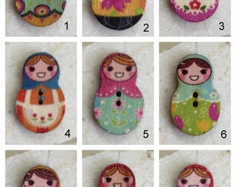 Wooden Matryoshka Doll Buttons, Russian Nesting Doll Buttons - Set of 6