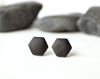 Black studs, matte black earrings, earrings for men, unisex, matte black studs, hexagon studs, black stud earring, mens earrings, mens studs