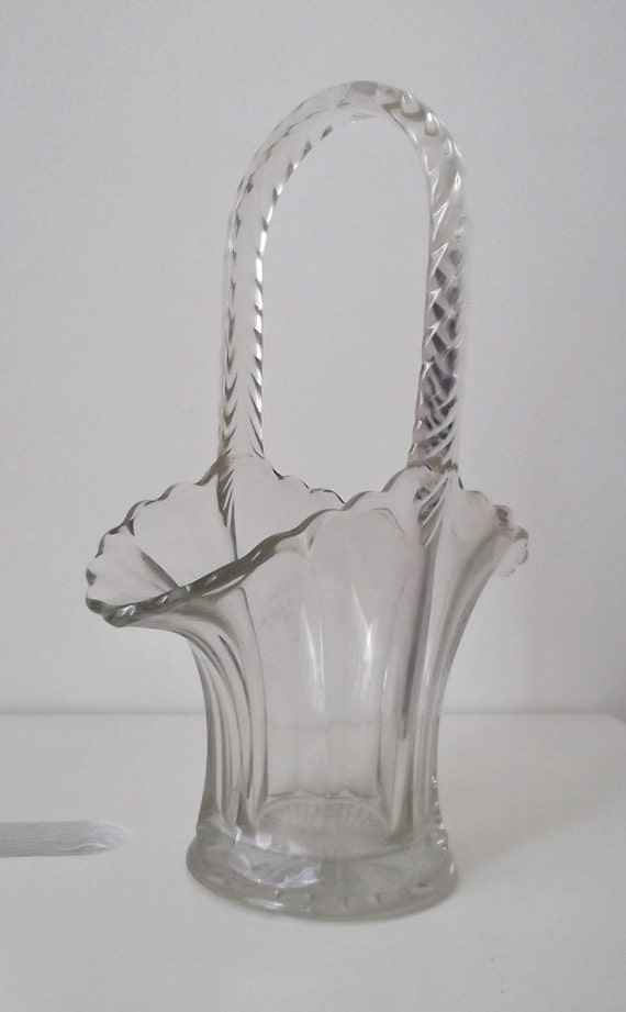 Antique Glass Basket...1940's...Woven Glass handle...22