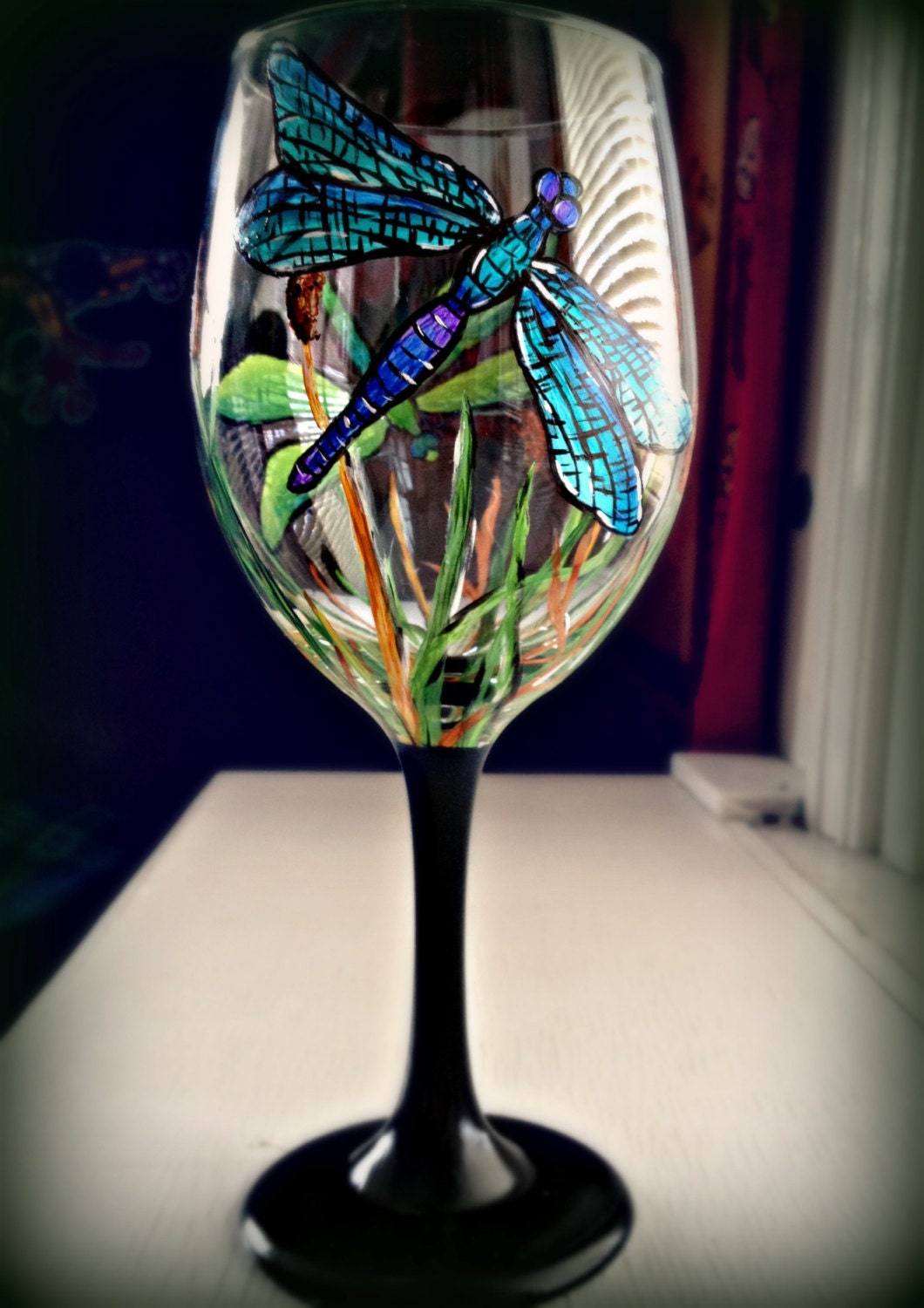 Hand painted dragonfly wine glasses