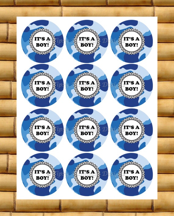 Baby Shower Buttons Cupcake Toppers and Bottle Labels Camo