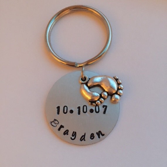 For New Baby keychain. Hand stamped with childs birthday and