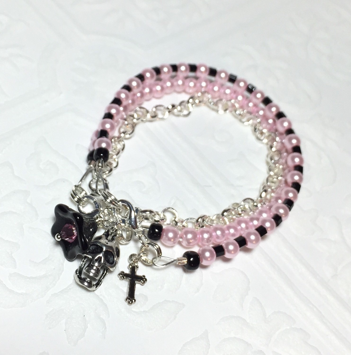 Black and pink beaded bracelet stack pastel goth jewelry