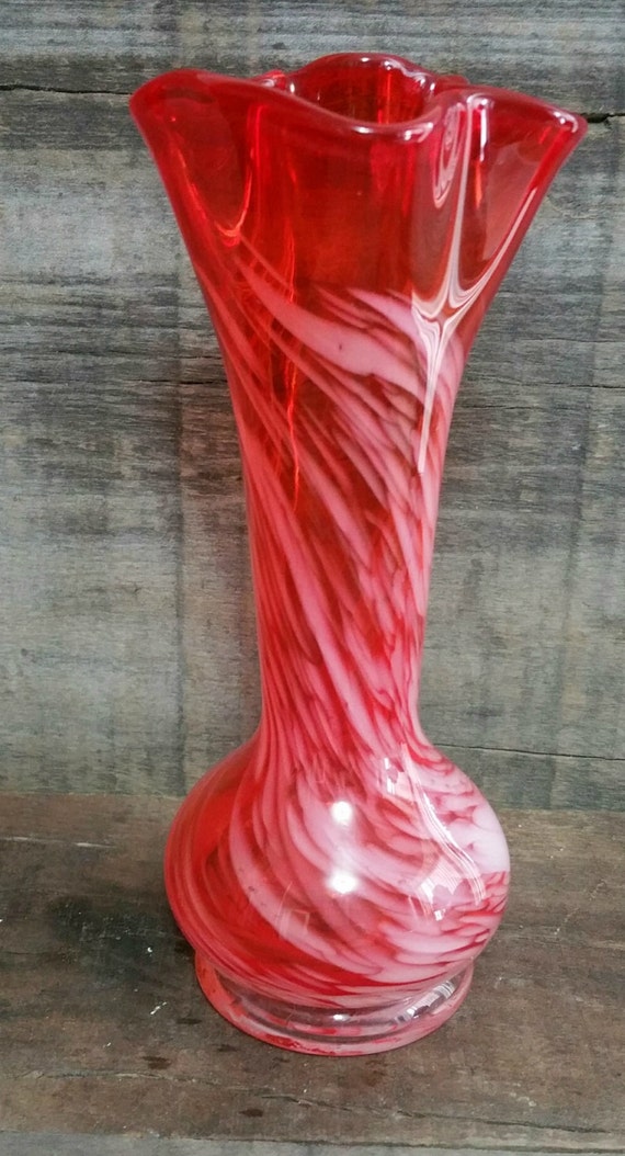 Vintage Lefton Red Orange and White Swirl Glass Art Bud Vase