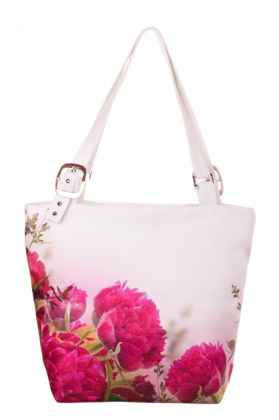 Dark Pink Peonies Print Handbag Floral Bag White Handbag