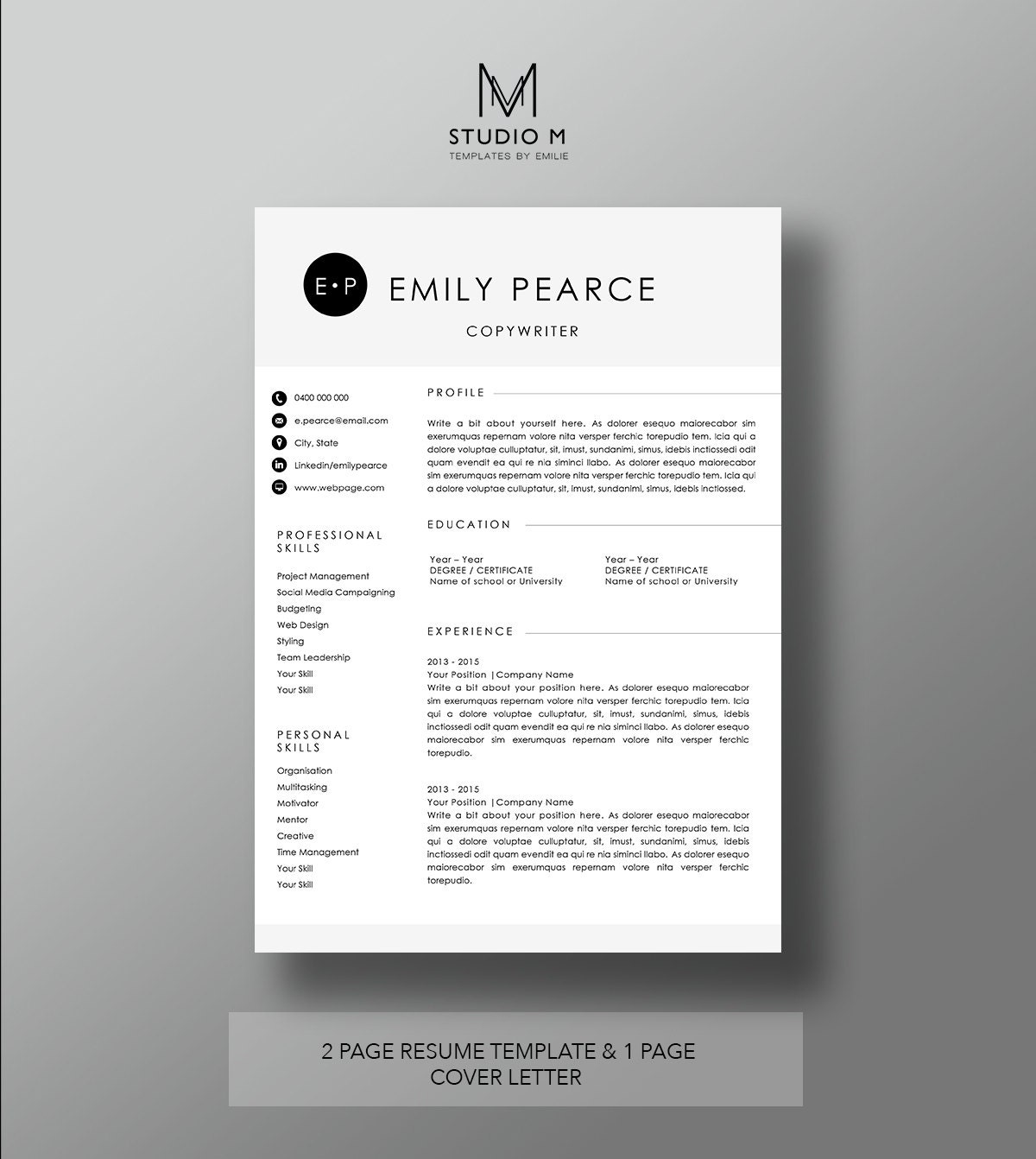 2 page resume template 1 page cover letter professional cv