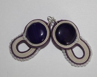 Purple and Cream with Stripped Agate Soutache Earrings