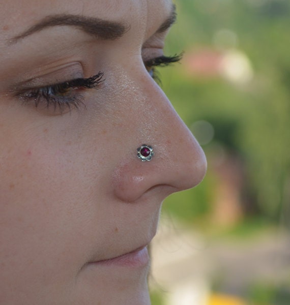 Silver Flower Nose Stud 3mm Ruby Tragus stud Nose ring