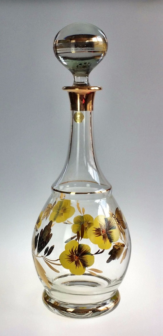 Hand Painted Romanian Glass Decanter Gold Trim with Ground