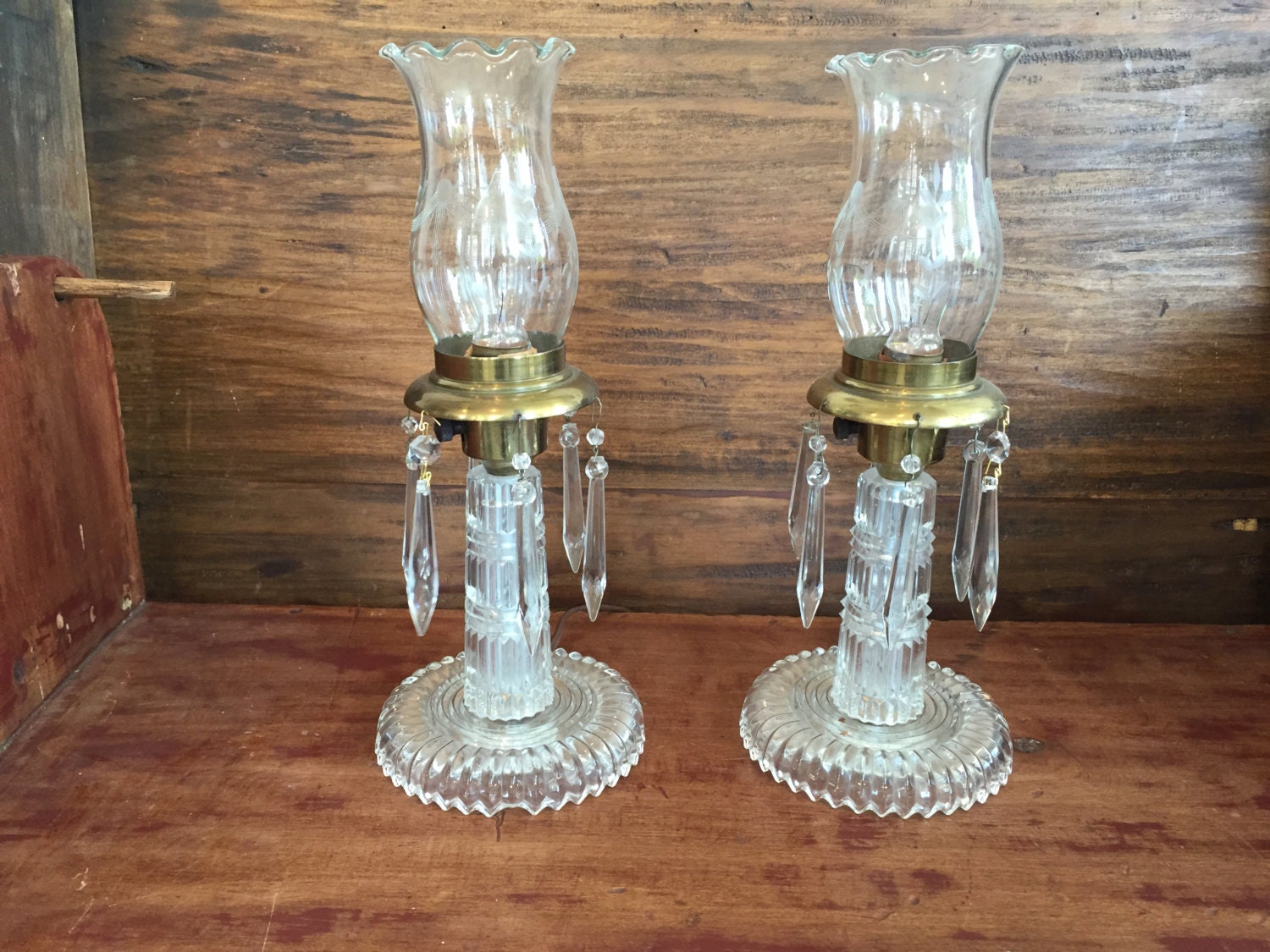 Vintage Cut Crystal Hurricane Lamps With Crystal Prisms Pair