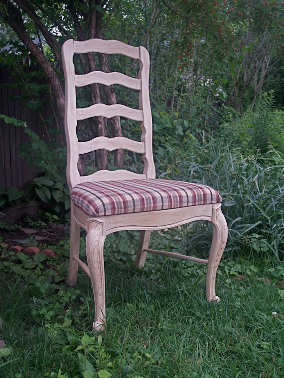 Chalk Painted Ladder Back Chair with Plaid Cushion