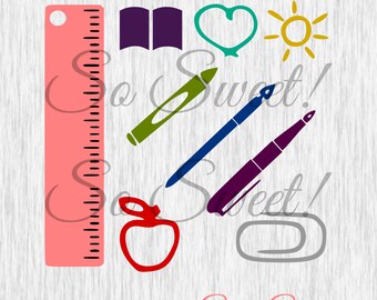 Back to School SVG / DXF Teacher Educator School Ruler Book Heart Sun Paperclip Apple Crayon Pens Cut Files for Silhouette Cricut SCAL svg