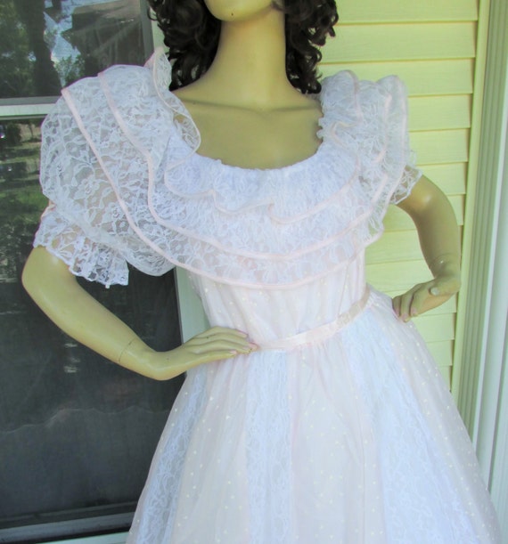 80s Prom Party Dress Vintage 1980s Lace PUFF Sleeve Ruffle