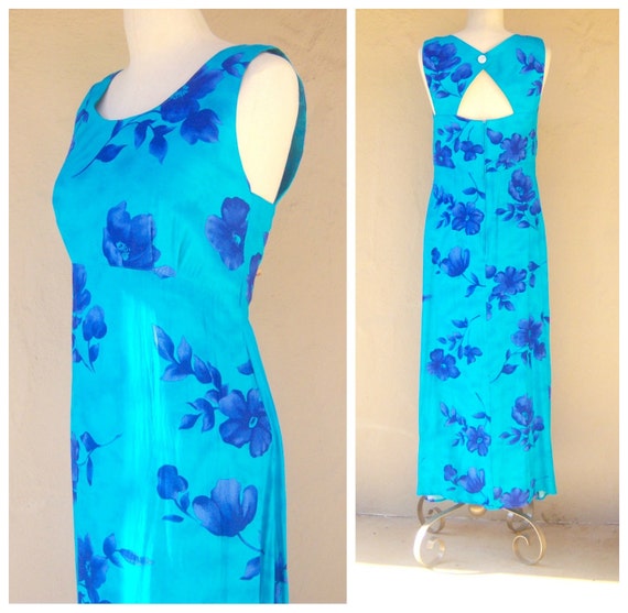 Ocean blue HAWAIIAN maxi dress / floral tropical cut out dress