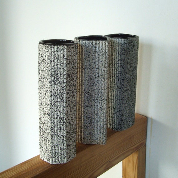Three Vintage Pottery Vases Black and White Speckled