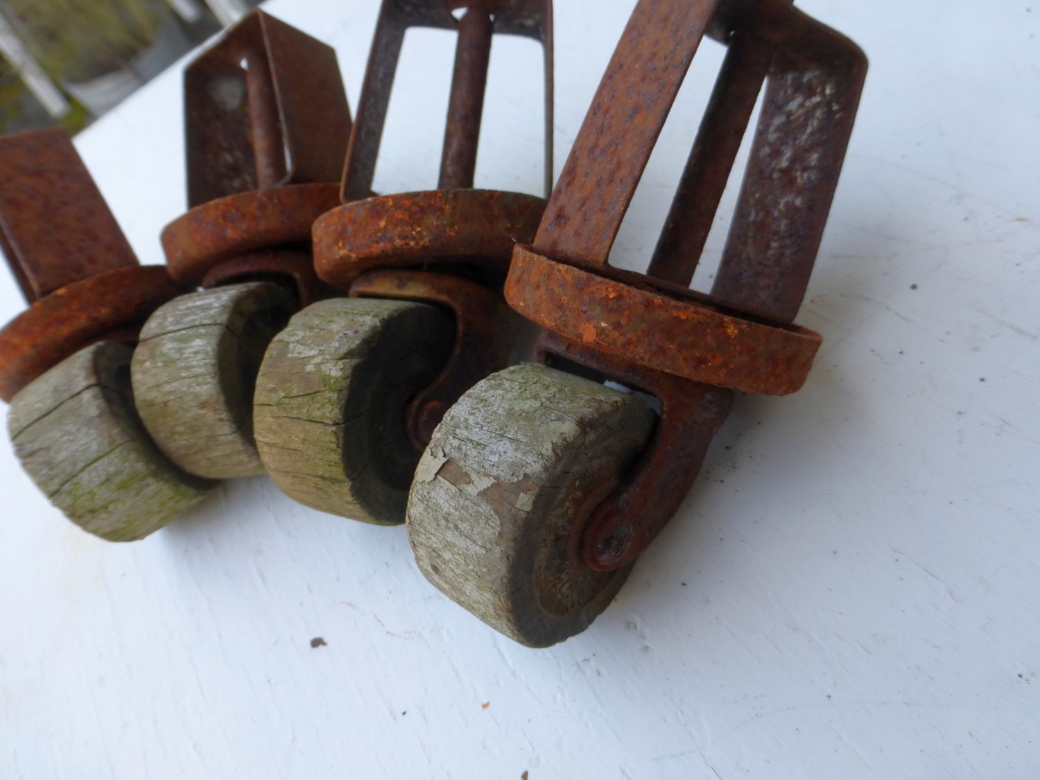 Rusty Wooden Wheel Casters, Antique Furniture Casters, 1930s Bed Frame