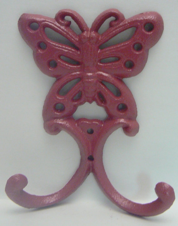 Butterfly Wall Hook Cast Iron Fuschia Raspberry Color Double Splay Wall