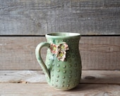 Stoneware Cactus Tea Cup  - MADE TO ORDER - with  three flowers Handmade Ceramics  - Stoneware  - green - mug