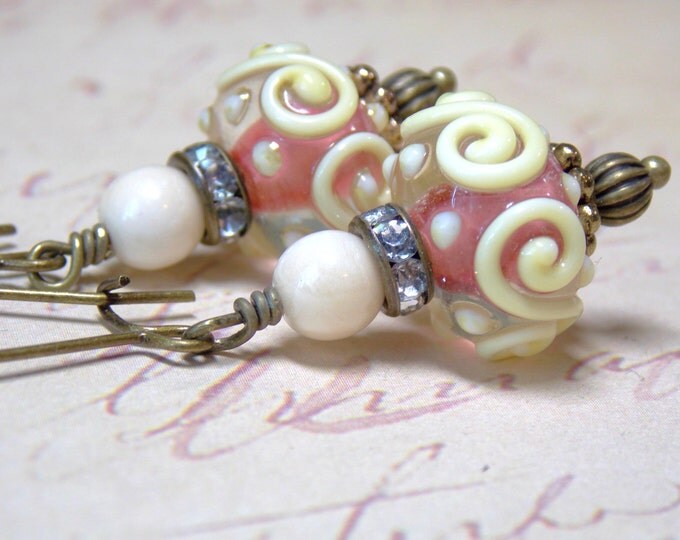 Ivory Swirl Earrings, Pink Lampwork Earrings,Ivory And Pink Earrings, Rhinestones Antique Brass Czech Beaded Earrings
