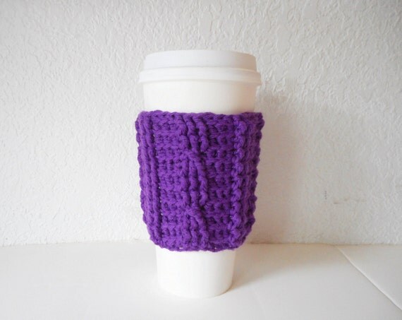 Cotton Cable Stitch Coffee Cozy in Eggplant.