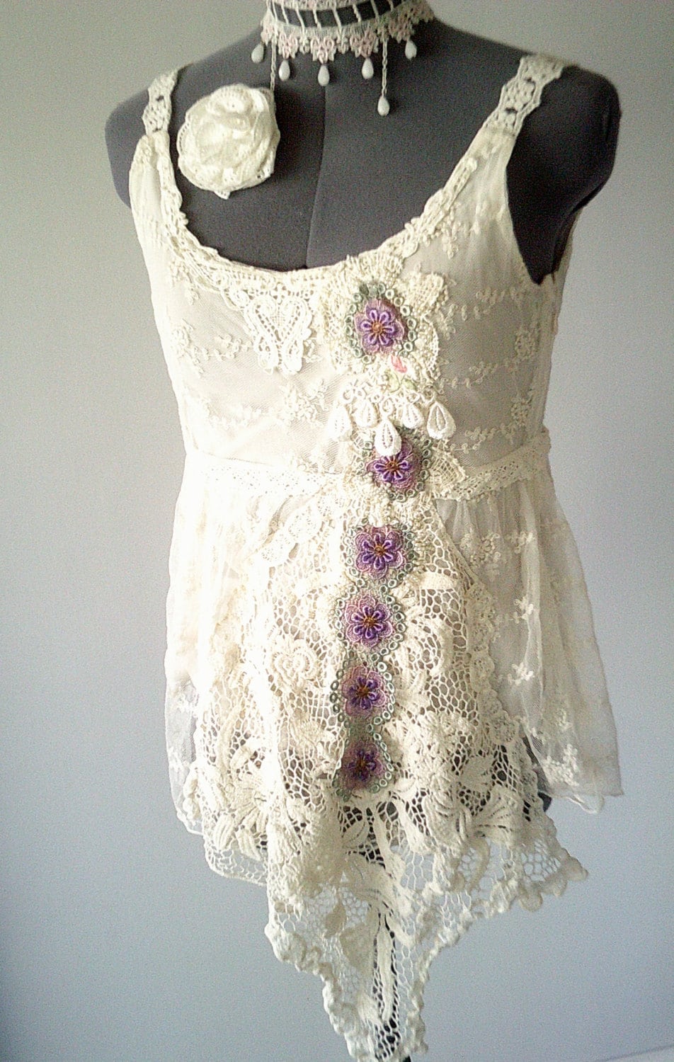 art to wear upcycled clothing boho lace top beige lace top