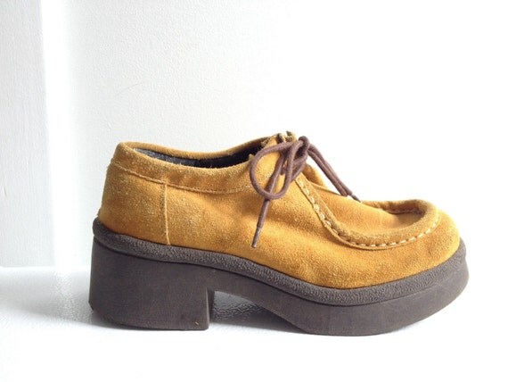 60s Platform Shoes Mustard Yellow Suede Lace Up by MileZeroVintage