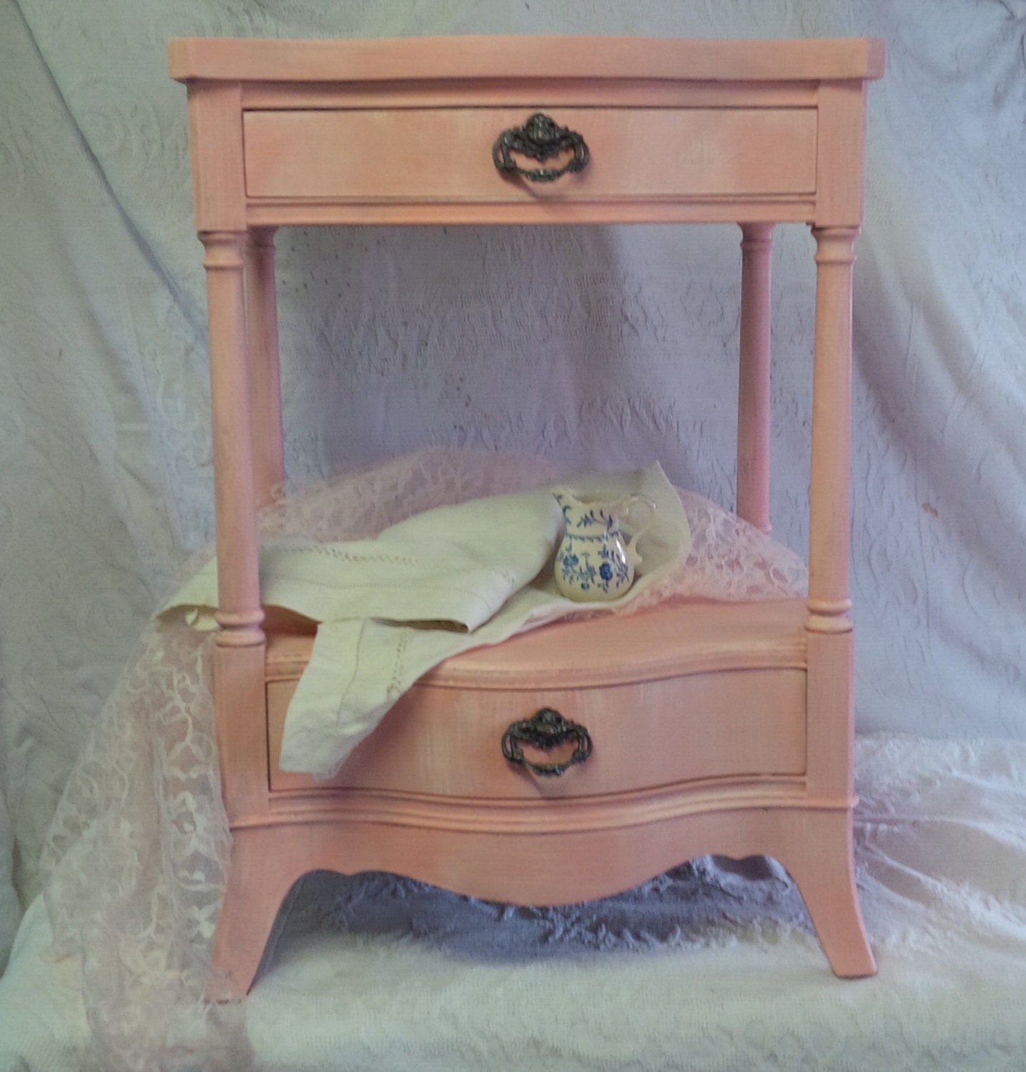 Nightstand Cottage Bedside Table Vintage Mahogany Bow Front Poppy