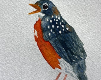 Baby redbreast, robin, bird, original watercolor, children's nursery art, grey and orange, speckled, spring bird