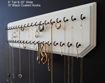 6x20-White 37-Black, Jewelry Holder Necklace Organizer with 37 Coated Jewelry Hooks Assembled.