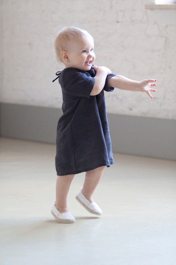 Baby girls clothes Toddler dress Dark Gray Linen Trapez dress