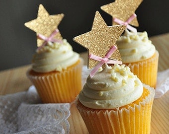 Pink and Gold Birthday Decorations. Handcrafted in 2-3 Business Days. Glitter Gold Star Cupcake Toppers. 12CT.