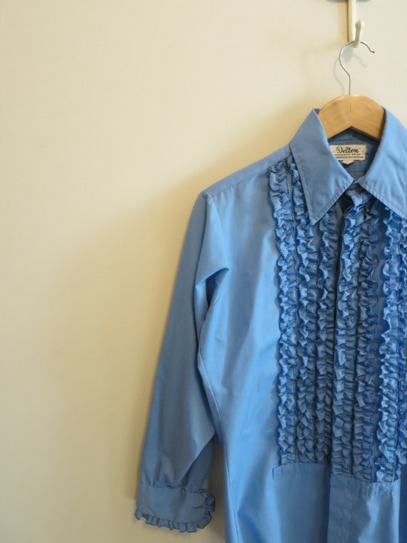 Tuxedo Shirt RUFFLE 1970s vintage blue mens S by RadioRadioVintage