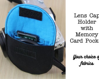 DSLR Camera Lens Cap Holder with Memory Card Pocket - Choose Size and Custom Fabrics - Made to Order