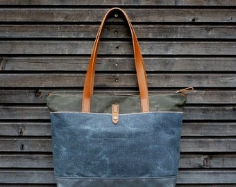 Wool tote bag with waxed leather handles and waxed canvas