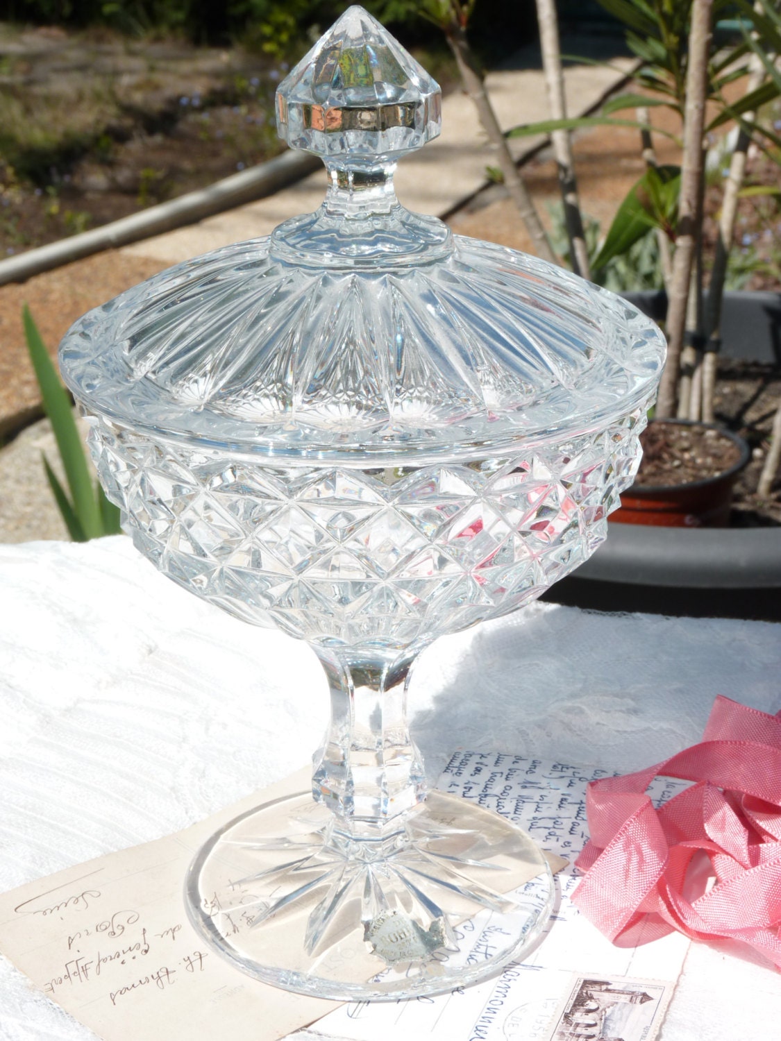 Beautiful Large Crystal Glass Pedestal Bonbonniere Bohemian