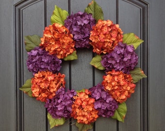 Hydrangea Wreath Halloween Summer Fall Wreath Grapevine Door Wreath Orange Purple Hydrangea Floral Door Decoration Indoor Outdoor